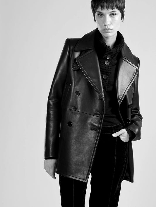 Black plongé leather pea coat