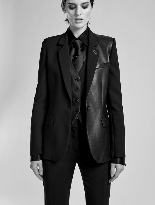 Black crepe and leather zip-sleeved jacket