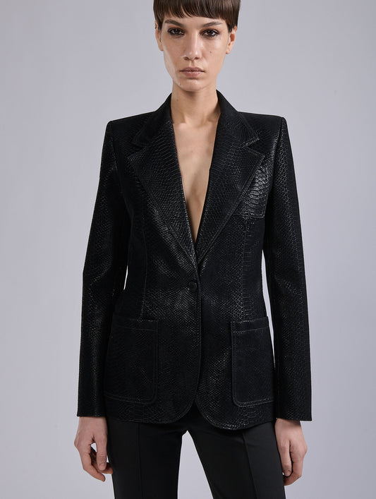 Black flocked python imitation leather jacket