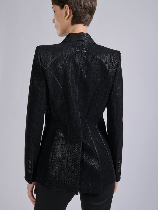 Black flocked python imitation leather jacket