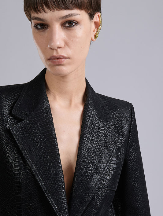 Black flocked python imitation leather jacket