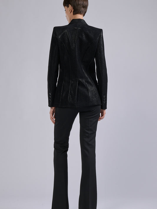 Black flocked python imitation leather jacket