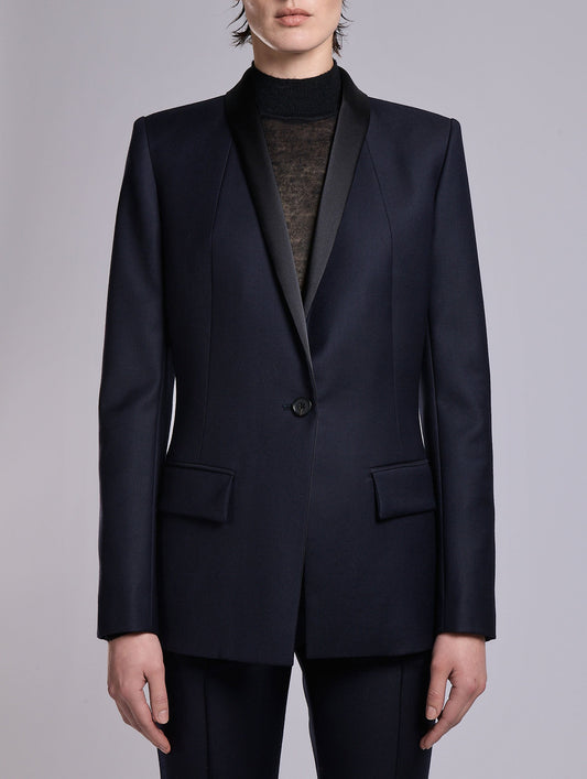 Navy wool and cashmere twill satin-collar jacket