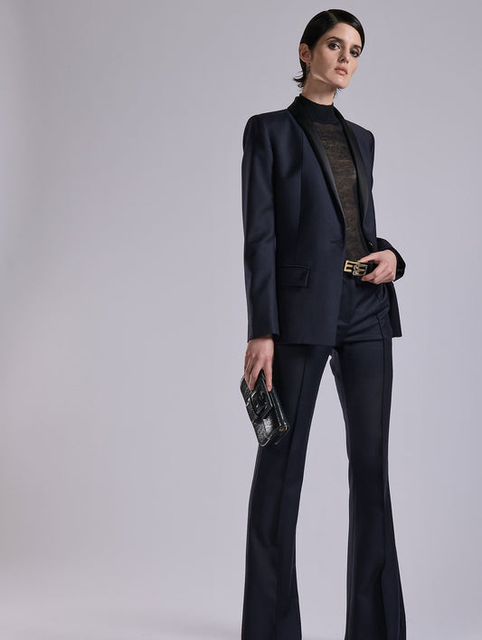 Navy wool and cashmere twill satin-collar jacket