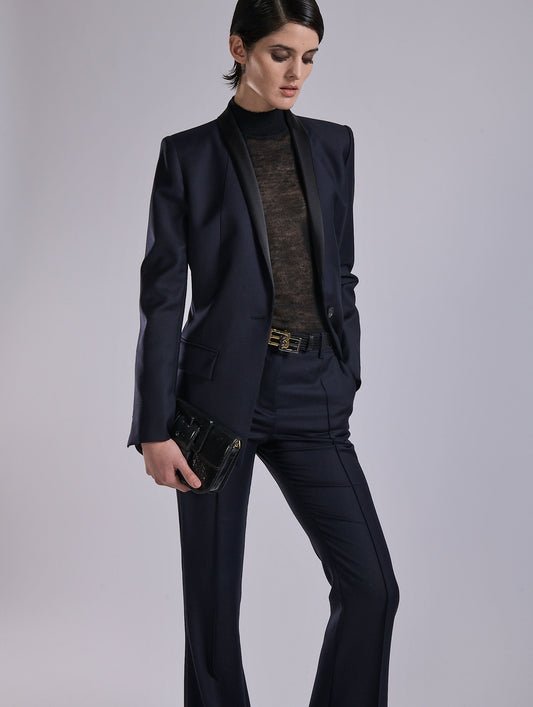 Navy wool and cashmere twill satin-collar jacket