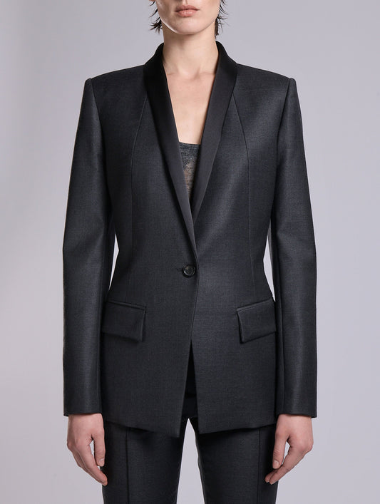 Grey wool and cashmere twill satin-collar jacket