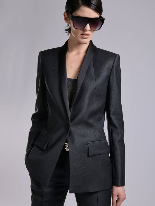 Grey wool and cashmere twill satin-collar jacket