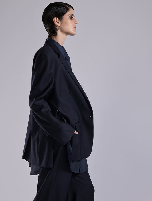 Navy wool and cashmere twill straight jacket