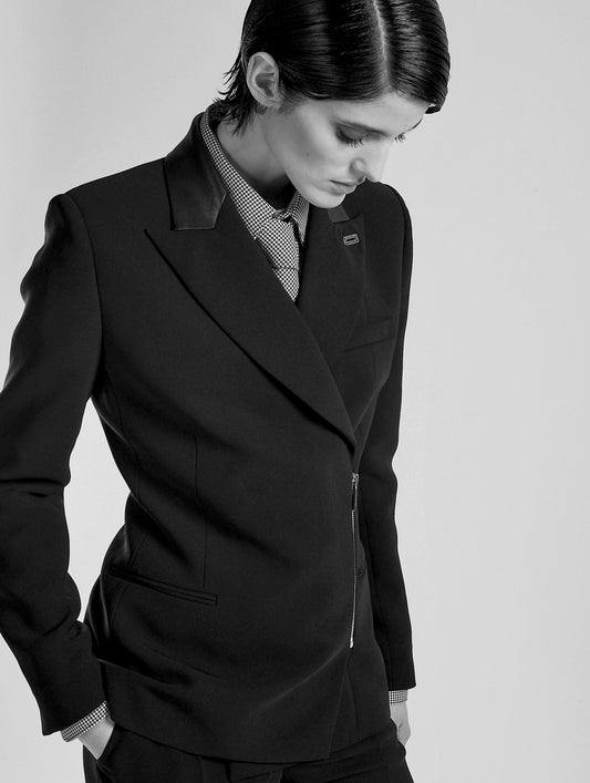 Black crepe and leather zip jacket