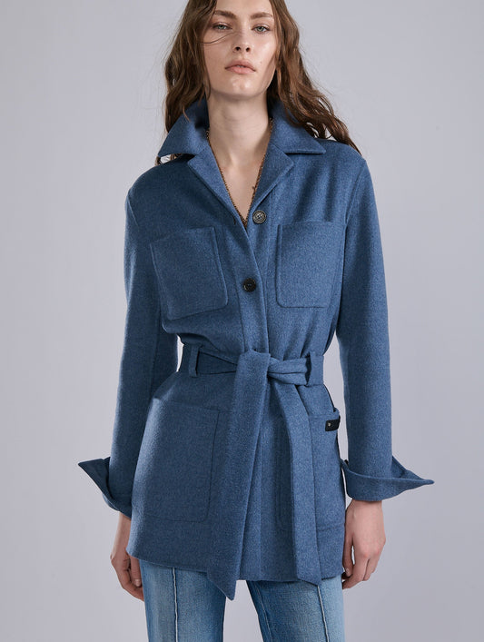 Veste ceinturée en double face laine cachemire bleu