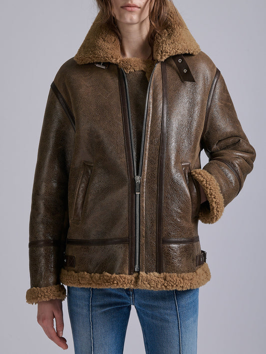Blouson en peau lainée marron