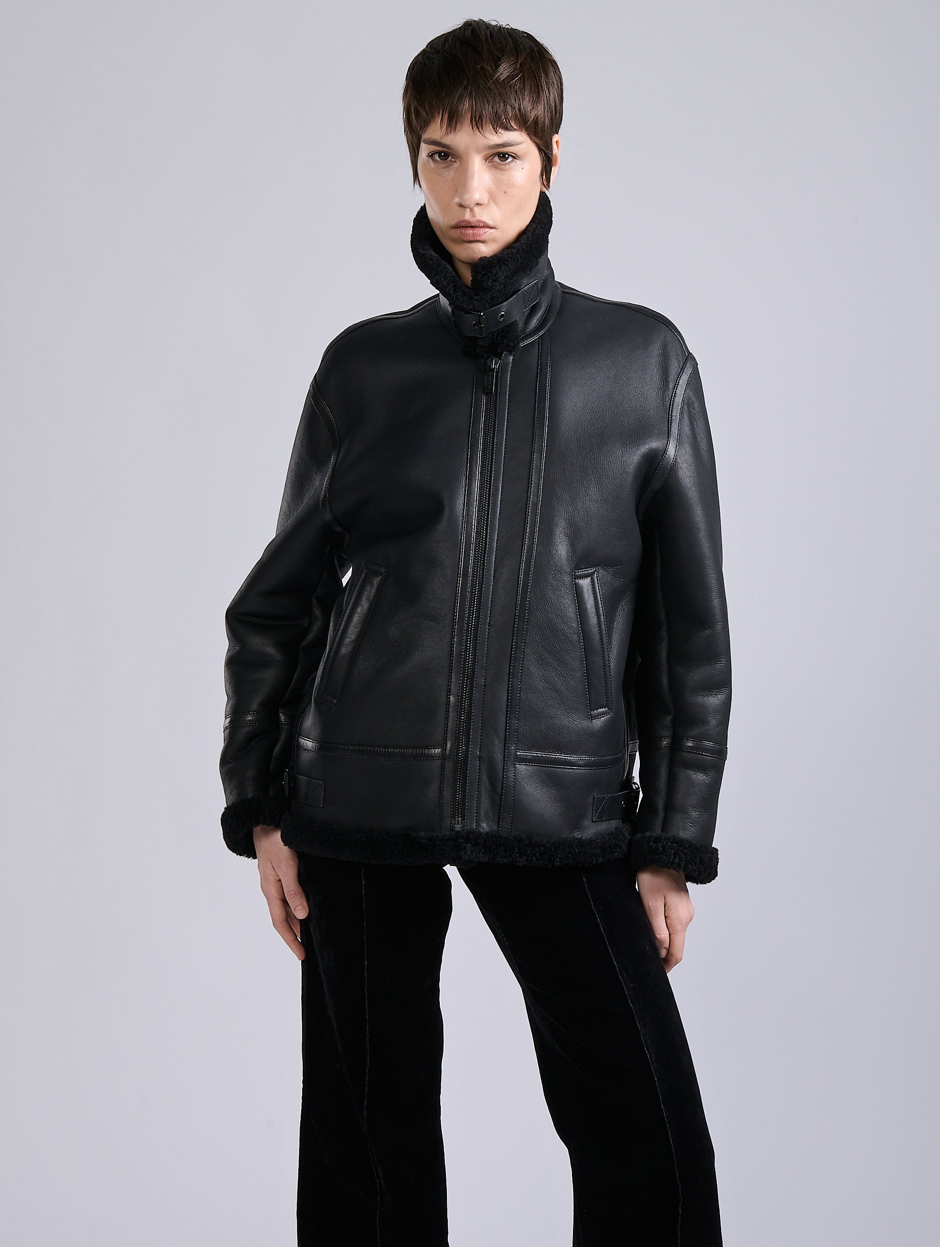 Women Ready-to-wear| Black shearling jacket | Barbara Bui Official