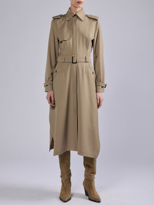 Camel stretch wool gabardine coat dress