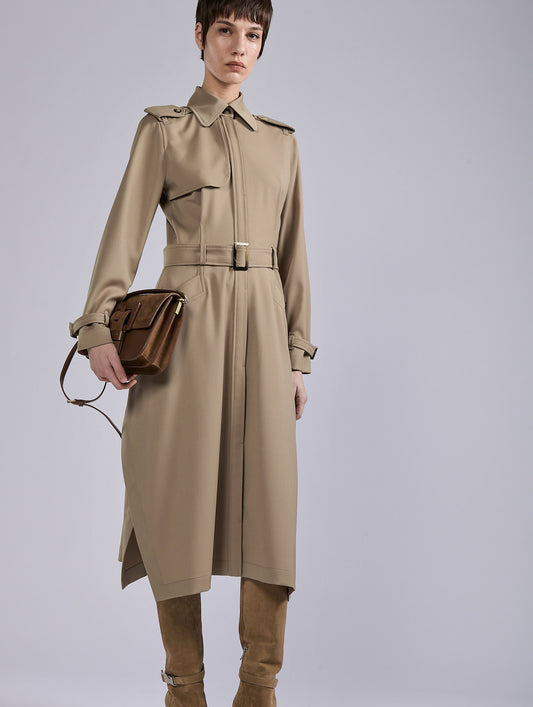 Camel stretch wool gabardine coat dress