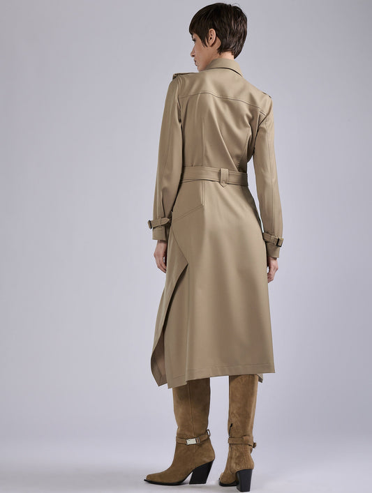 Camel stretch wool gabardine coat dress