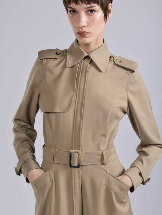 Camel stretch wool gabardine coat dress