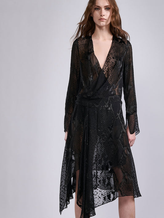 Black python print devoré satin wrap dress
