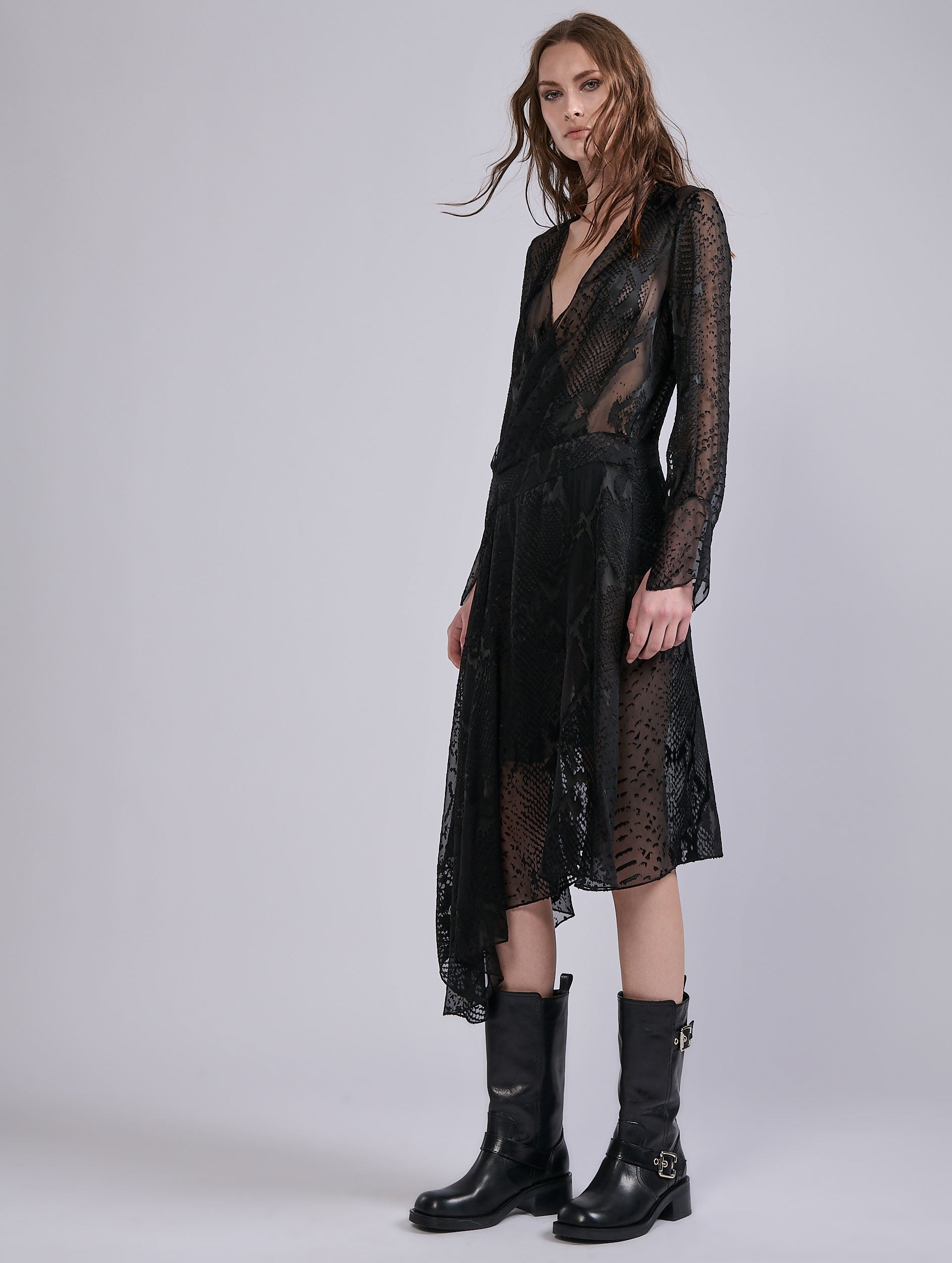 Women Ready-to-wear | Black python print devor satin wrap dress | Barbara Bui Official Online Store Women Ready-to-wear | Black python print devor satin wrap dress | Barbara Bui Official Online Store