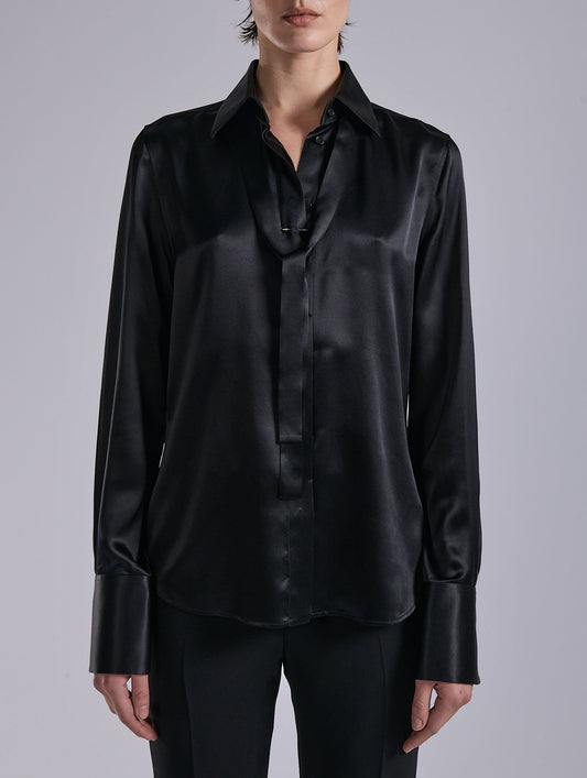 Black silk satin lavallière shirt