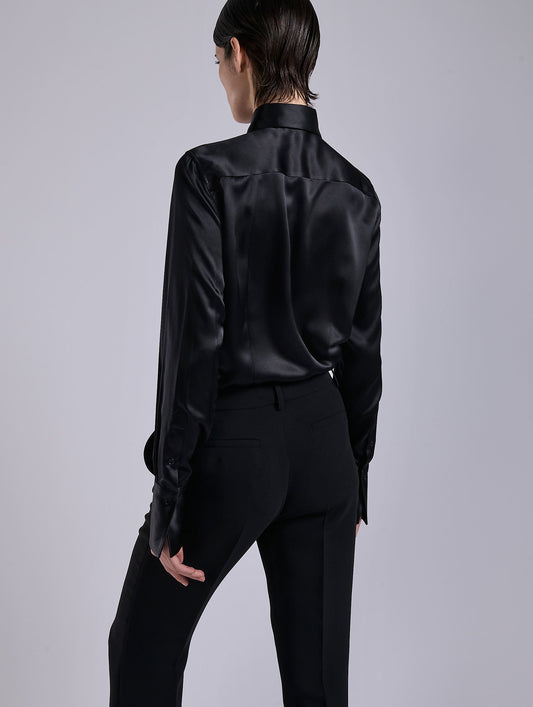 Black silk satin lavallière shirt