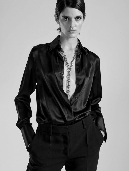 Black silk satin lavallière shirt