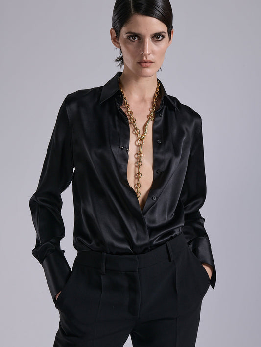Black silk satin lavallière shirt