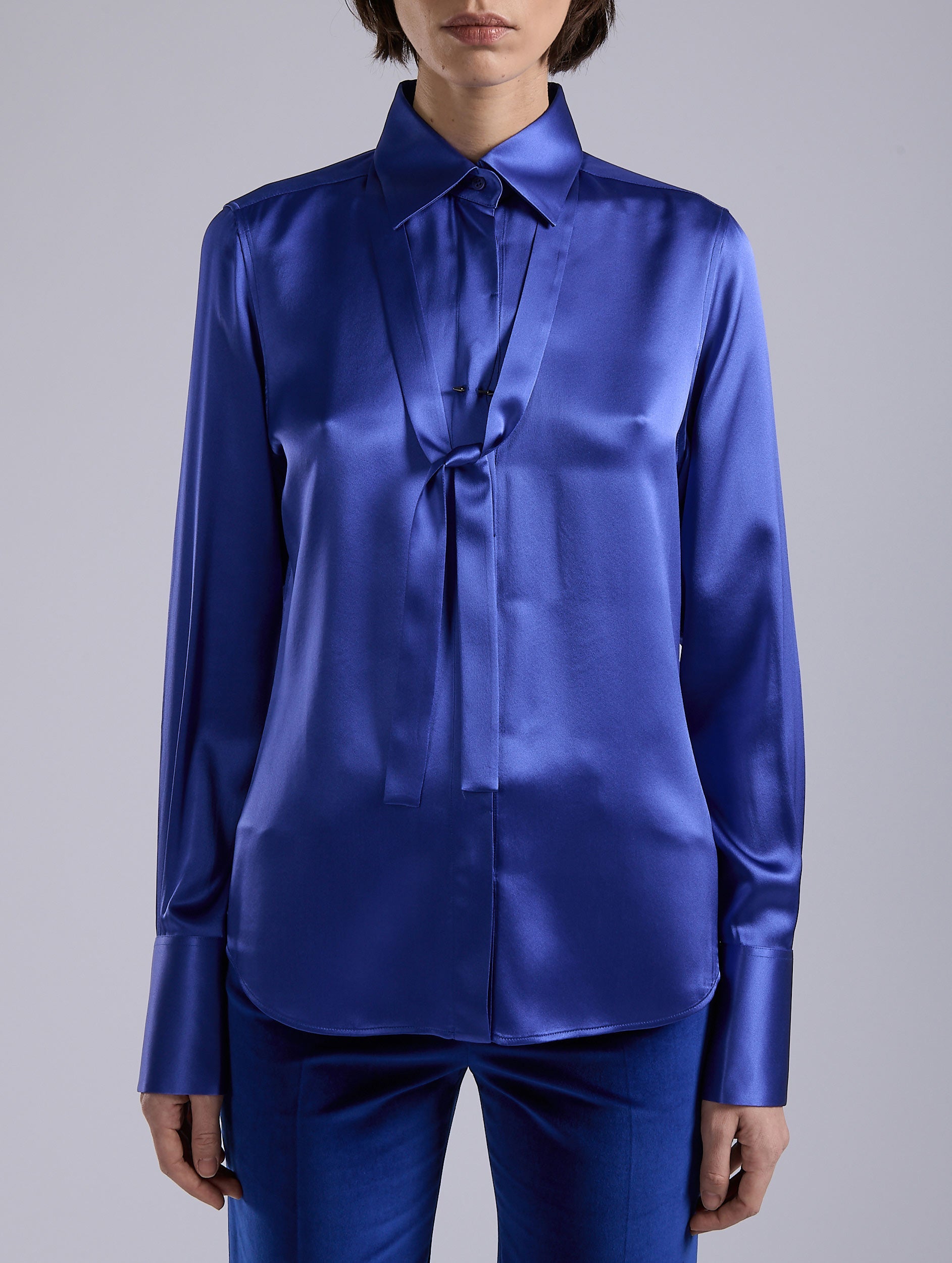 Women ready-to-wear | Blue silk satin lavallière shirt