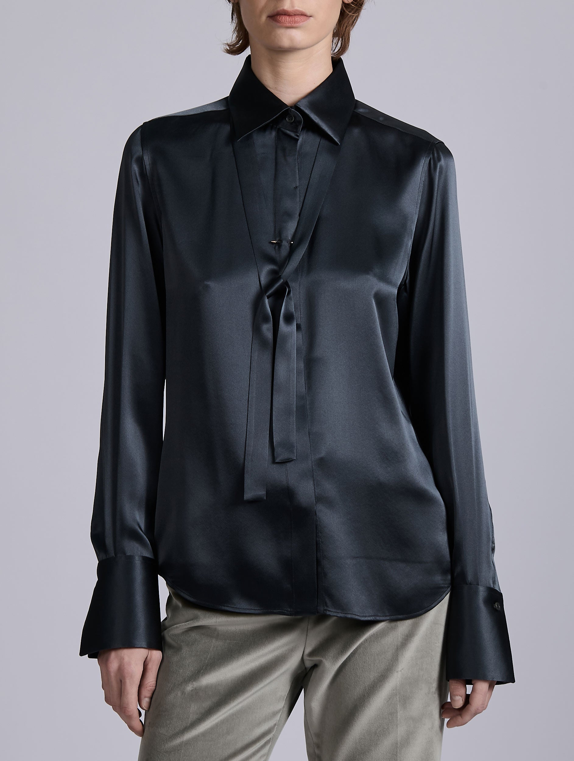 Women ready-to-wear | Grey silk satin lavallire shirt | Barbara Bui Official Online Store Women ready-to-wear | Grey silk satin lavallire shirt | Barbara Bui Official Online Store