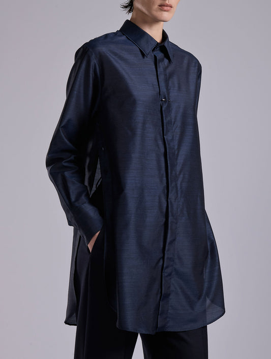 Navy extra-fine wool and silk oversized shirt