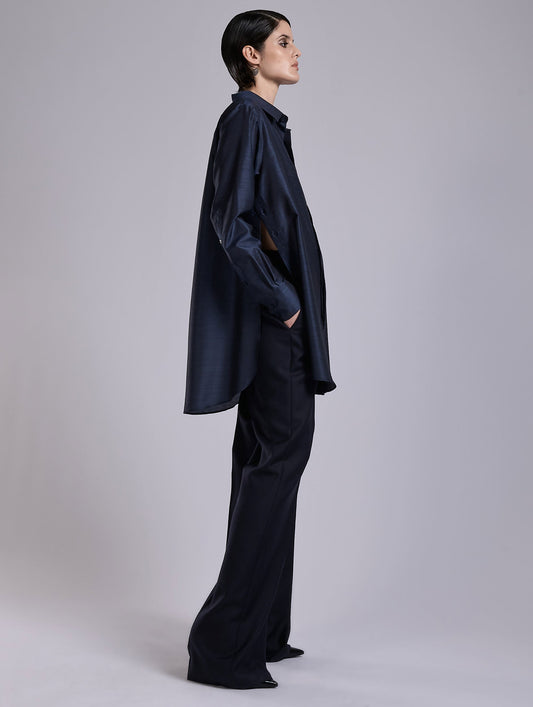 Navy extra-fine wool and silk oversized shirt