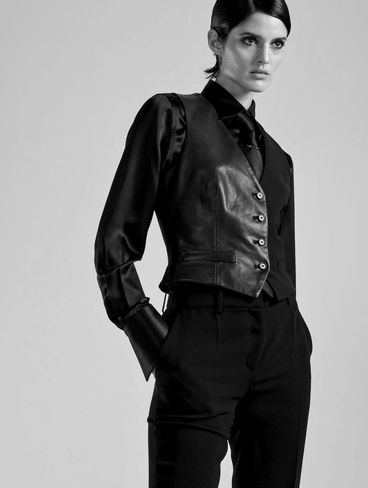 Black crepe and leather waistcoat