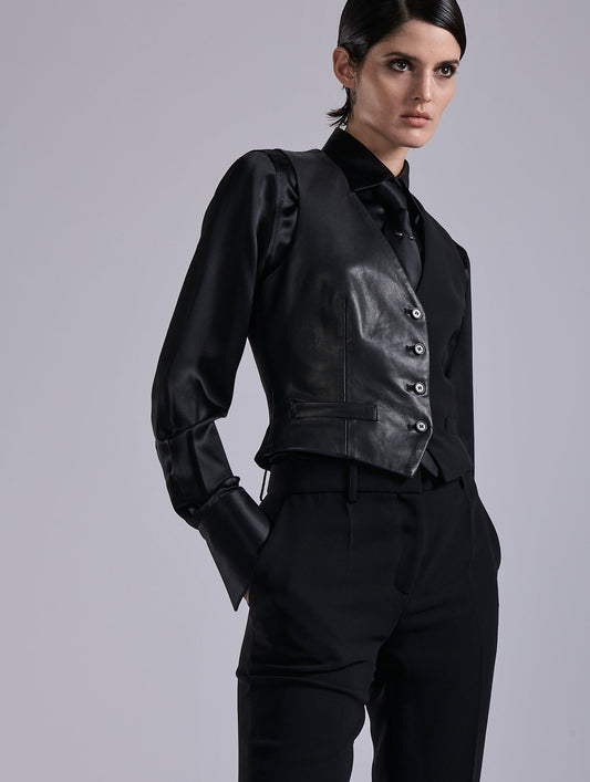 Gilet de costume en crêpe et cuir noir