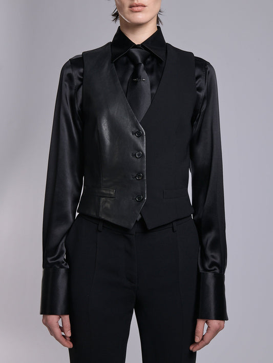Gilet de costume en crêpe et cuir noir