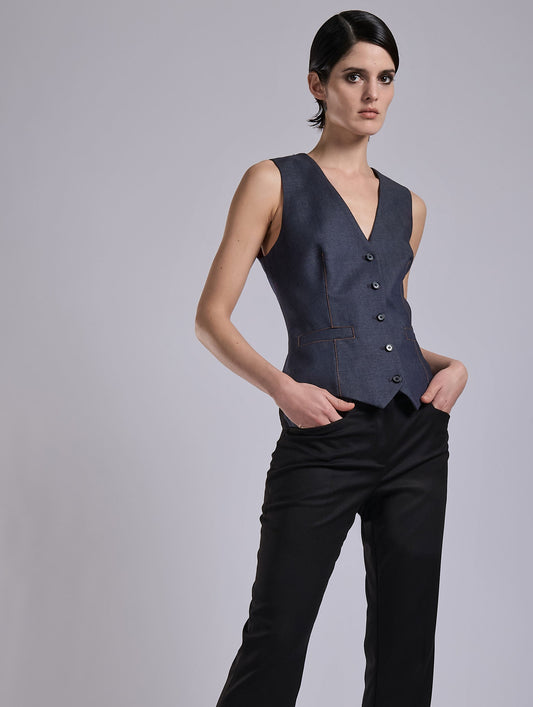 Denim-look bi-material waistcoat