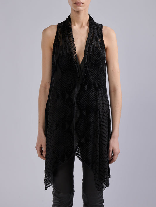 Black sleeveless top in devoré velvet python
