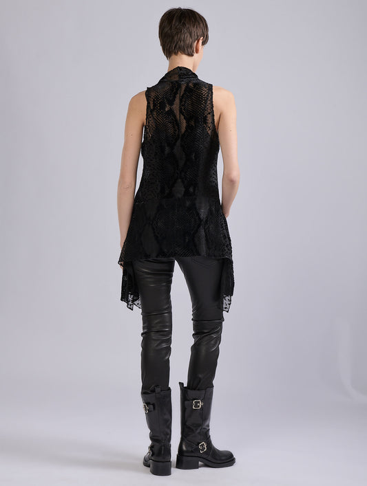 Black sleeveless top in devoré velvet python
