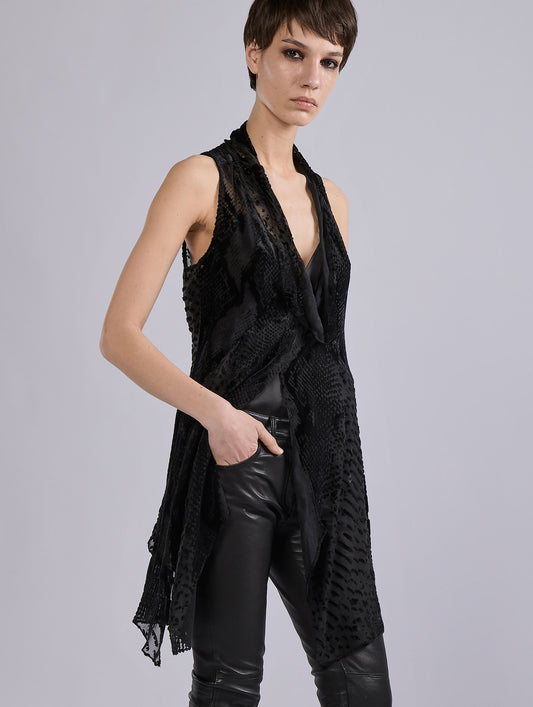 Black sleeveless top in devoré velvet python
