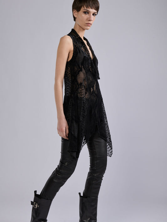 Black sleeveless top in devoré velvet python
