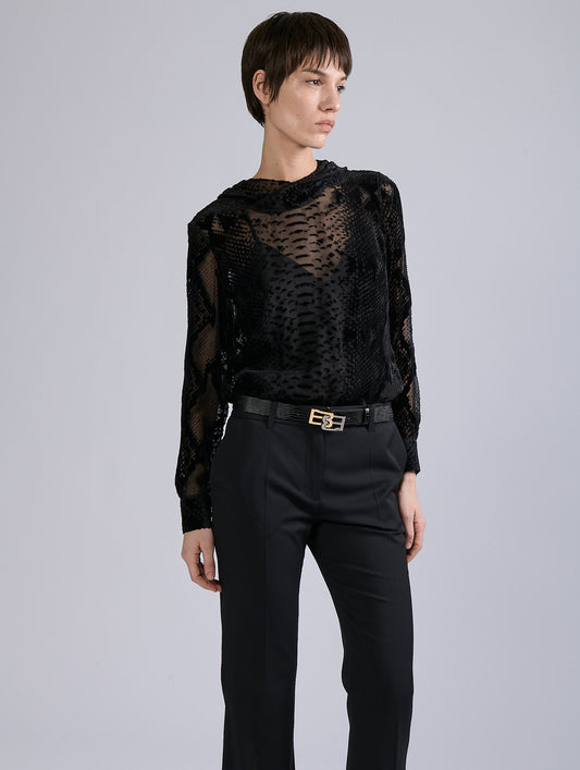 Black python devoré velvet hooded top