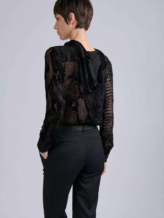 Black python devoré velvet hooded top