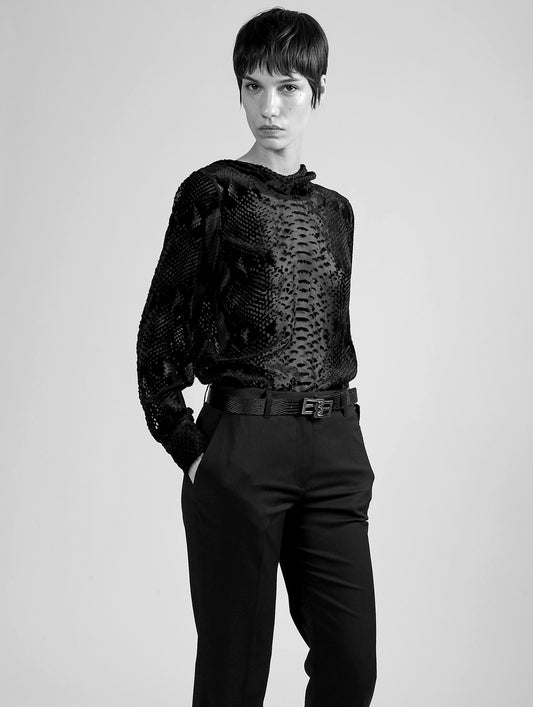 Black python devoré velvet hooded top