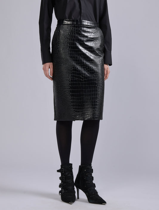 Black croco-embossed vegan leather pencil skirt