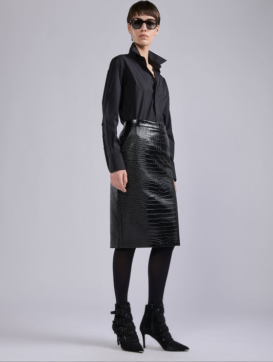 Black croco-embossed vegan leather pencil skirt