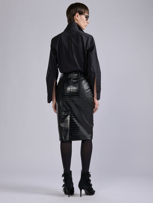 Black croco-embossed vegan leather pencil skirt