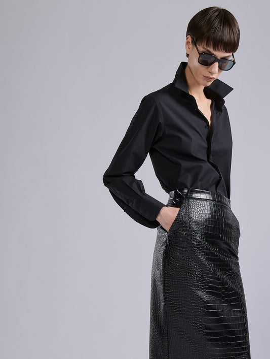 Black croco-embossed vegan leather pencil skirt