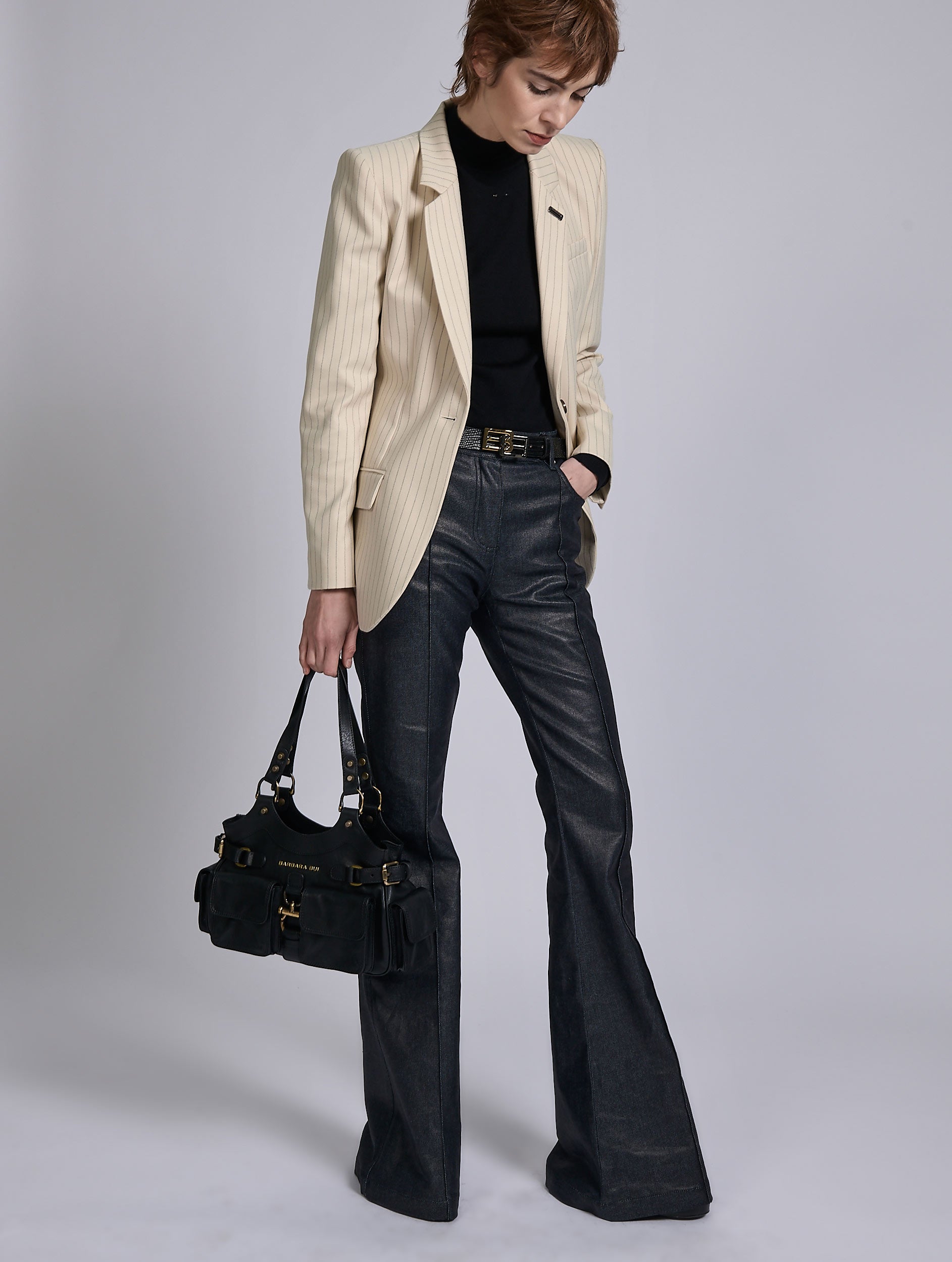 Women ready-to-wear | Resin-coated denim bootcut jeans | Barbara