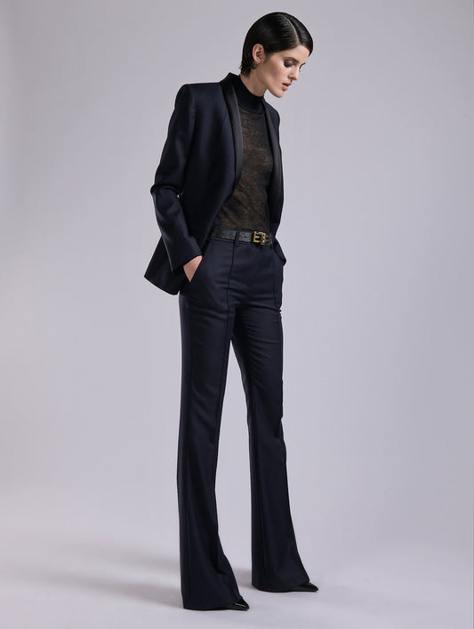 Navy wool and cashmere twill bootleg trousers