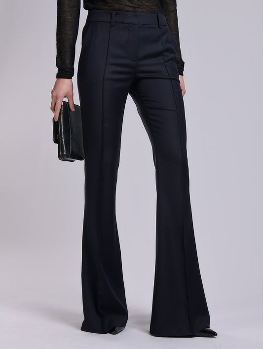 Navy wool and cashmere twill bootleg trousers