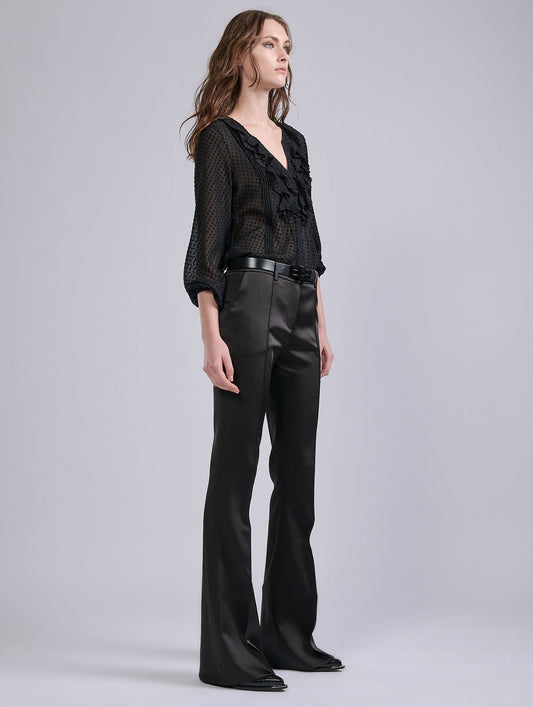 Black satin bootcut trousers