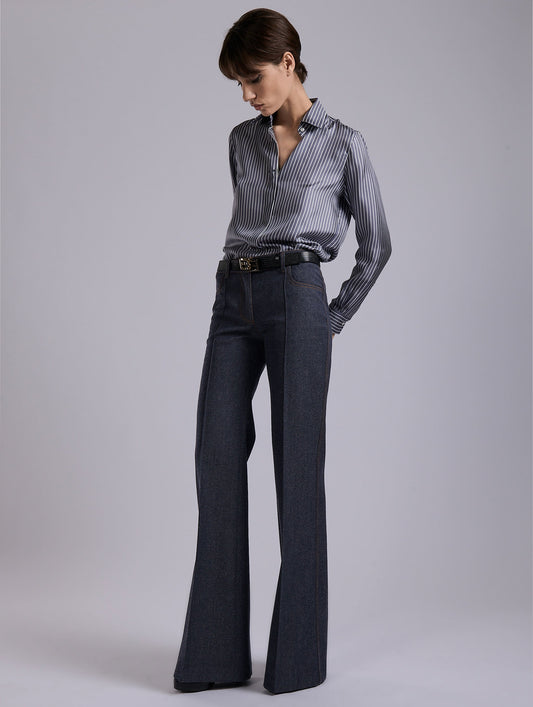 Blue wool denim flare trousers